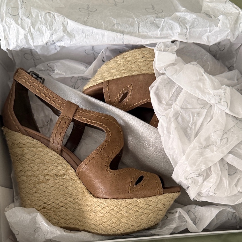 Jessica Simpson Tan Brown Woven Espadrille Wedge Sandals